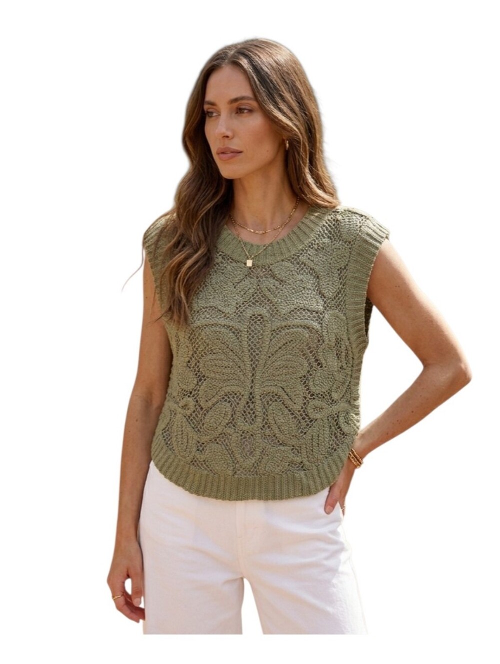 ZARA Knit Sleeveless Crochet Sweater Vest Tank Top Sage Green Boho Artisanal S